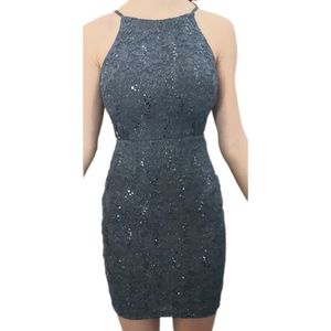 Juniors Size 0 By & By Dk Gray Glittery Lace High Neck Short Prom Dance Dress